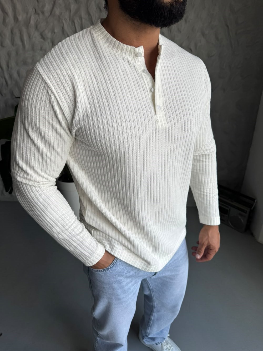 Helly Yaka Çizgi Detay Sweat Ekru