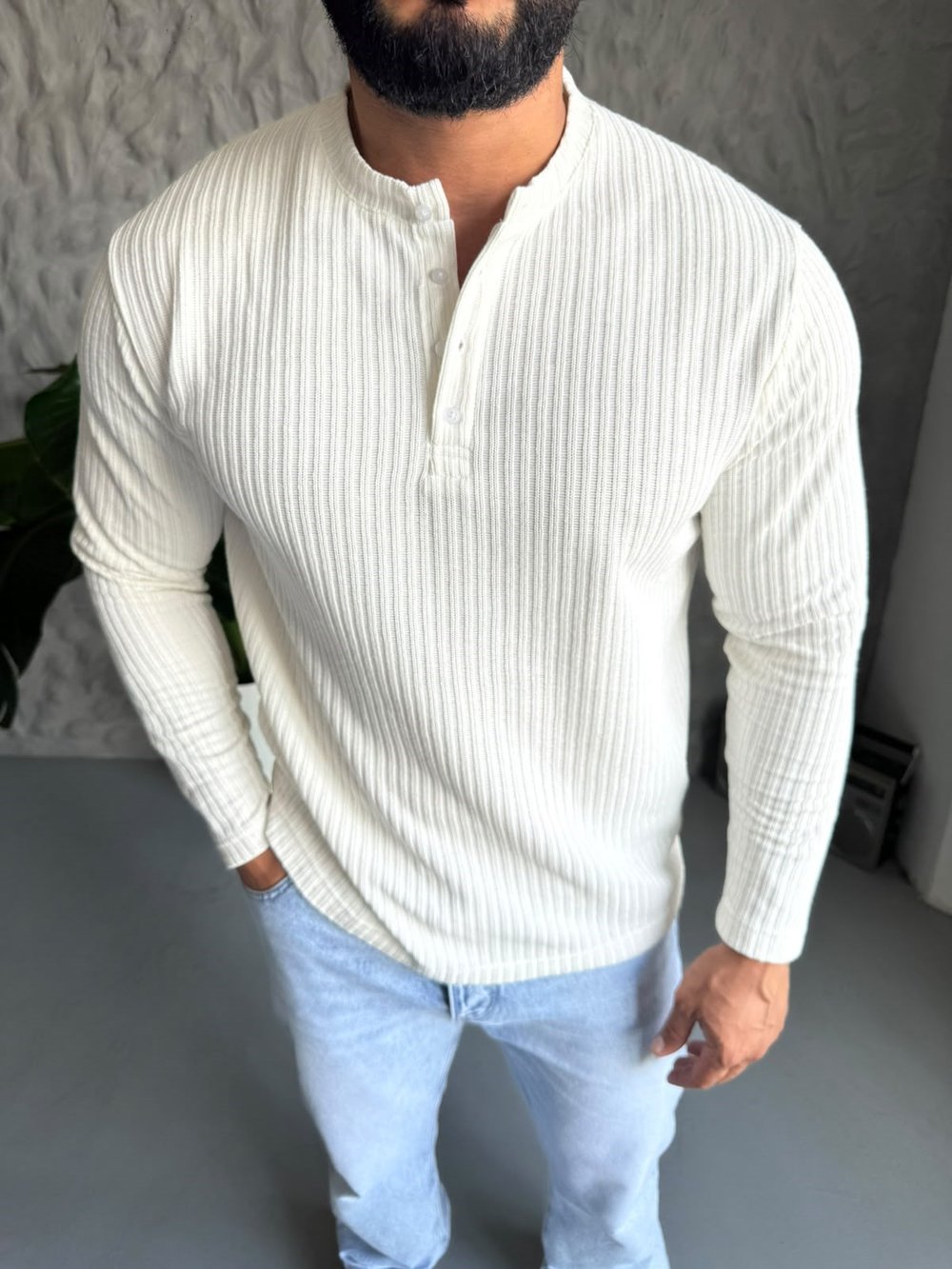 Helly Yaka Çizgi Detay Sweat Ekru