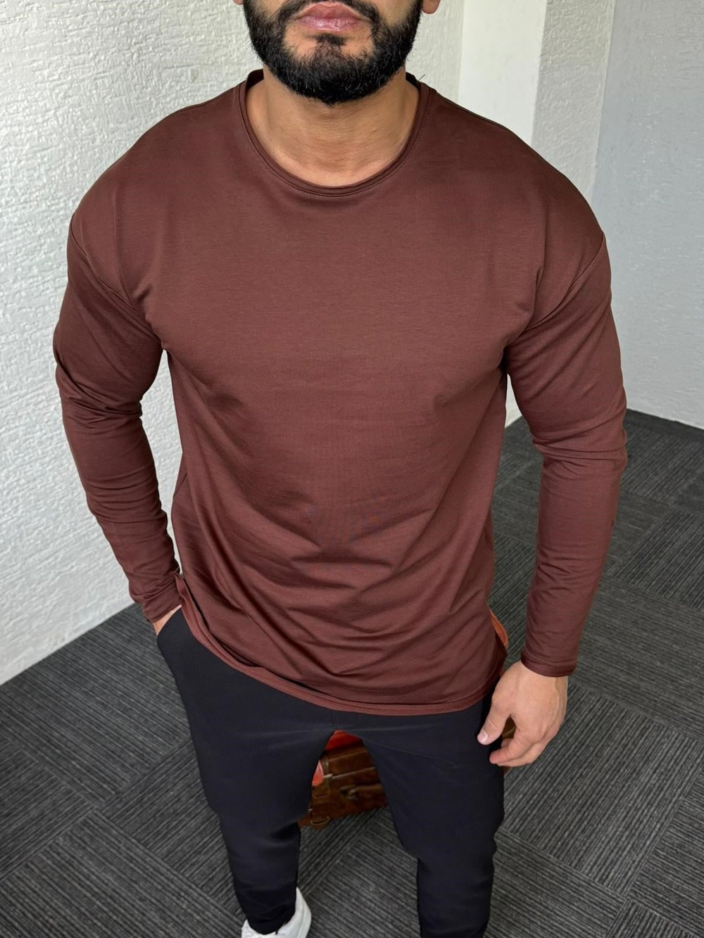 Kahverengi Basic Uzun Kol Sweat