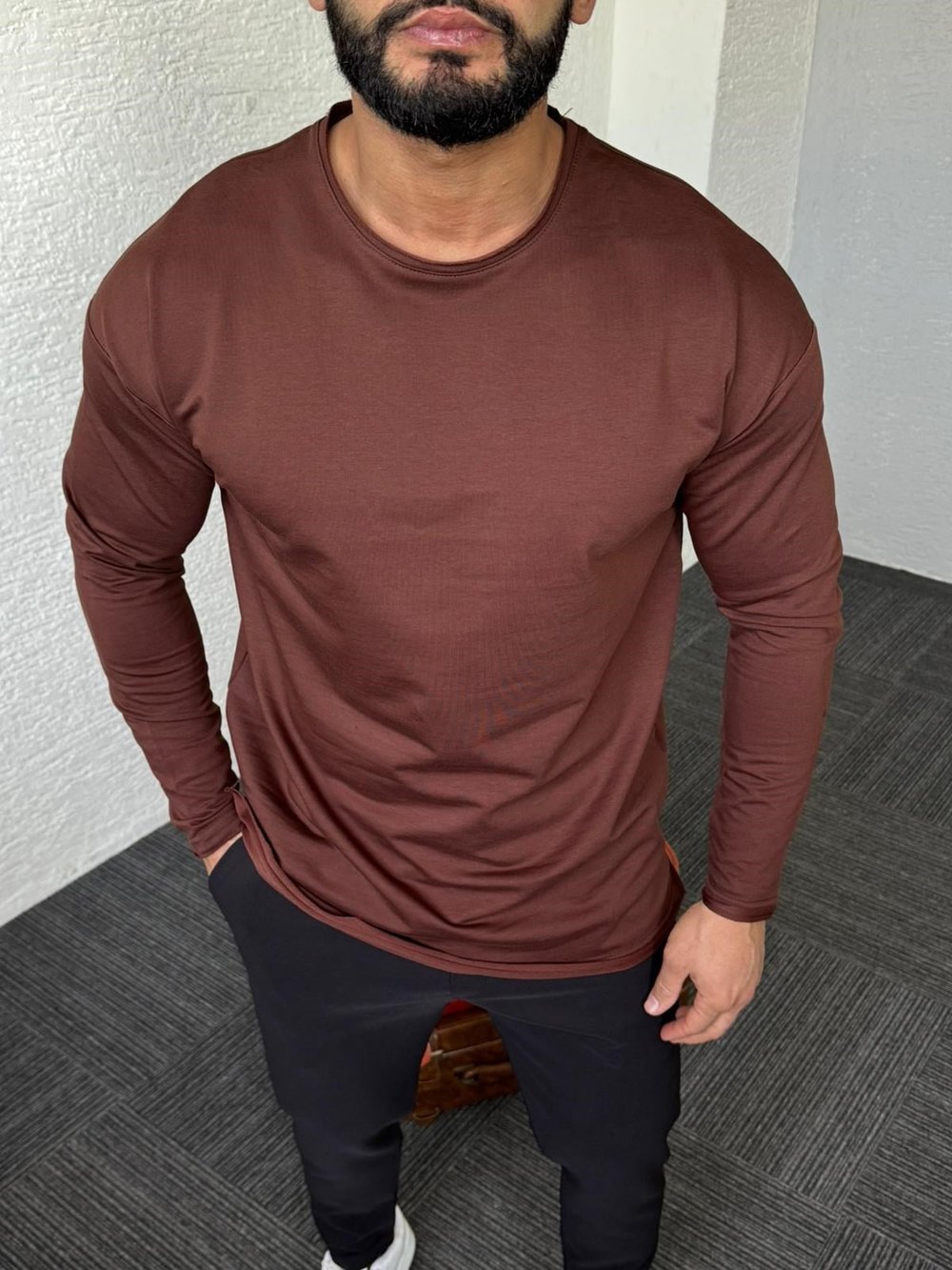 Kahverengi Basic Uzun Kol Sweat