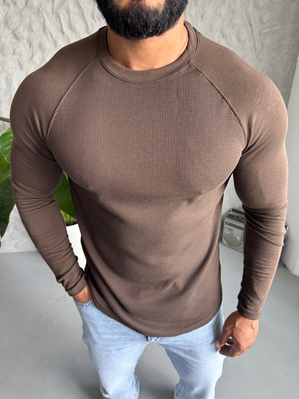 Kahverengi Uzun Kol Reglan Kesim Sweat