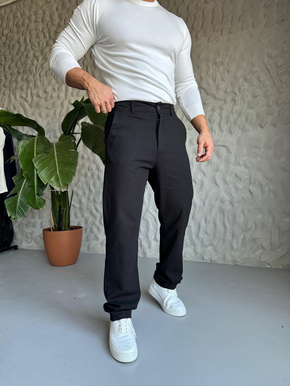 Siyah Keten Regular Pantolon