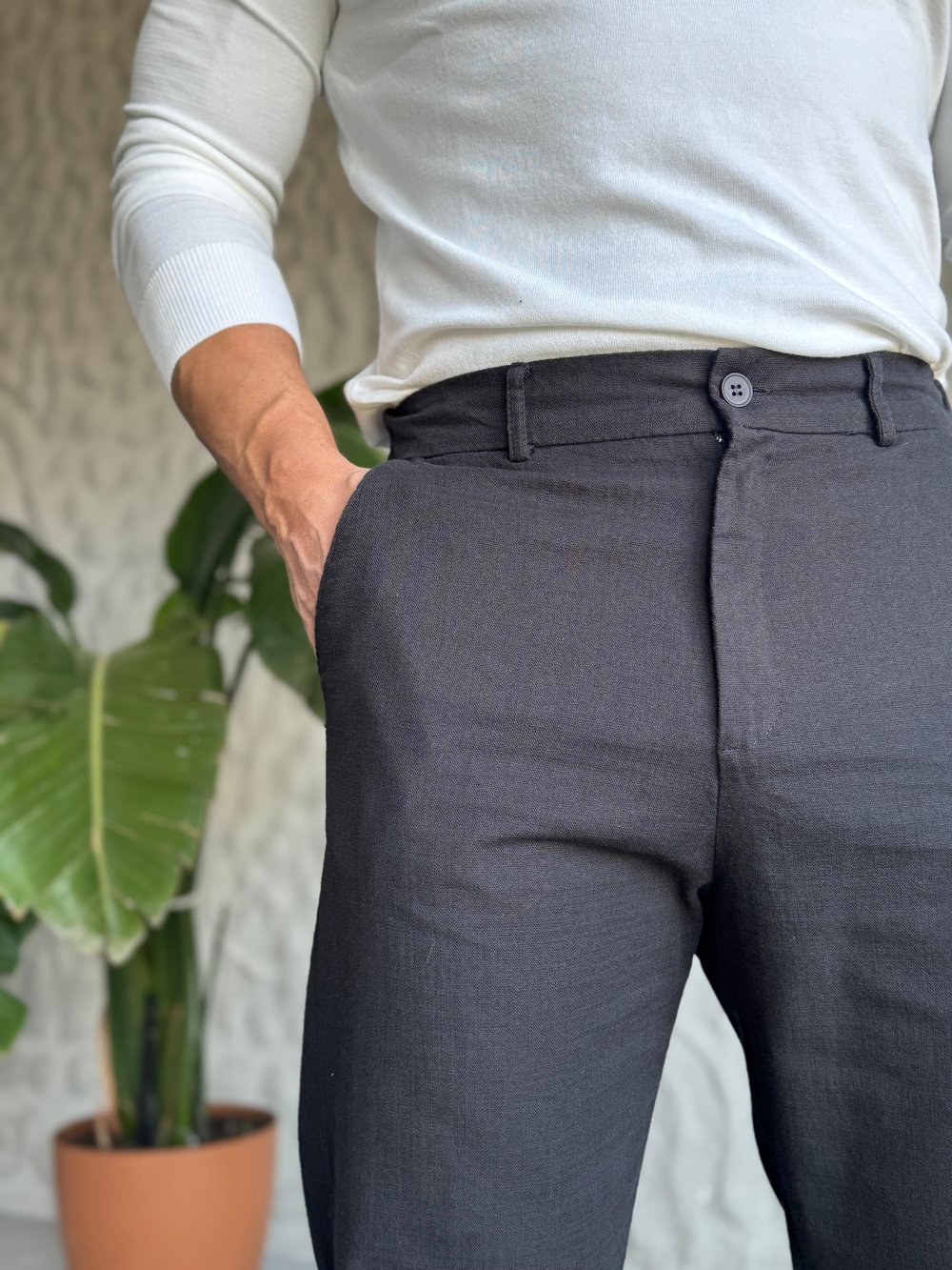 Siyah Keten Regular Pantolon