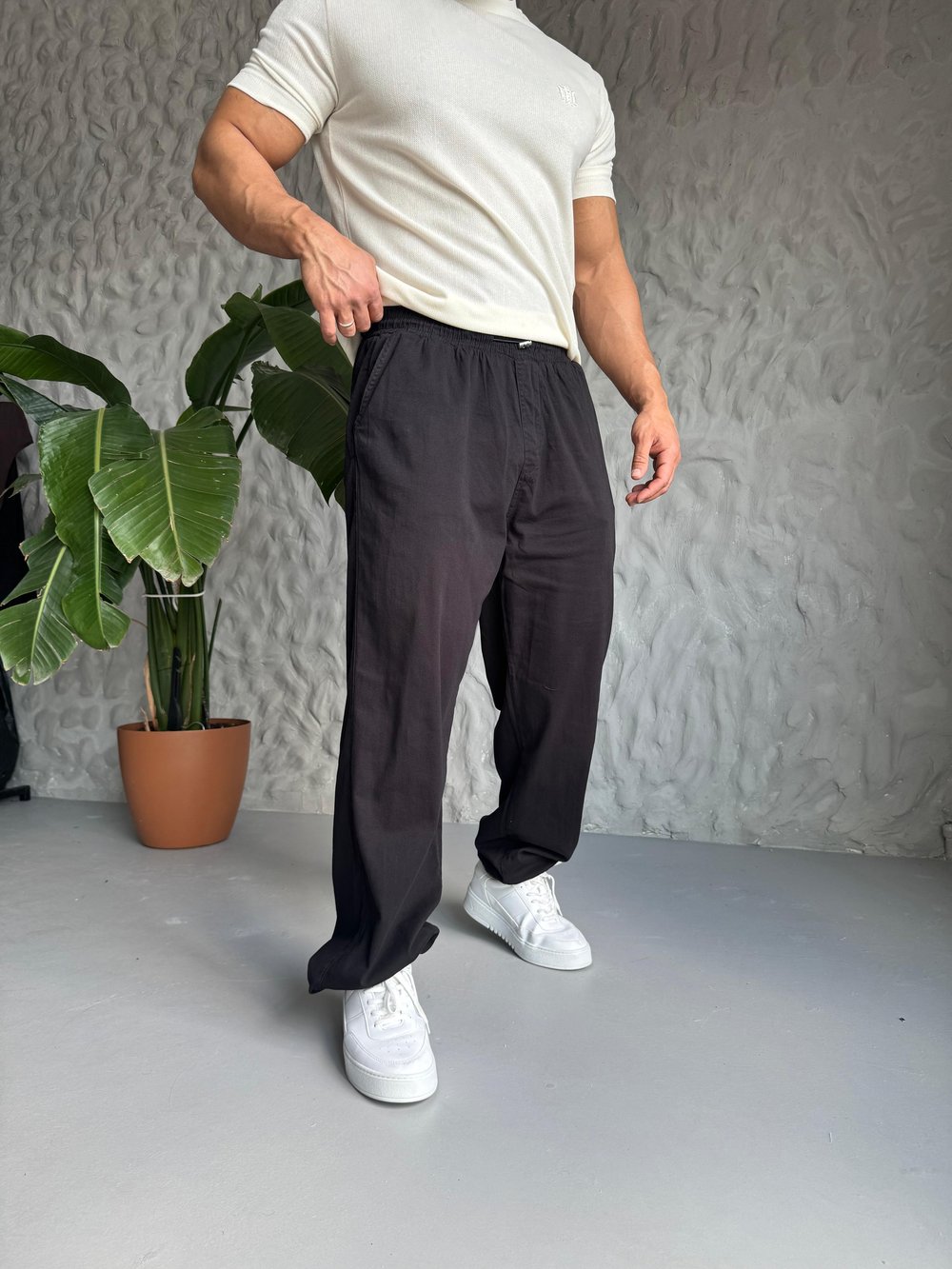 Siyah Oversize Ayarlanabilir Paça Keten Karışımlı Pantolon