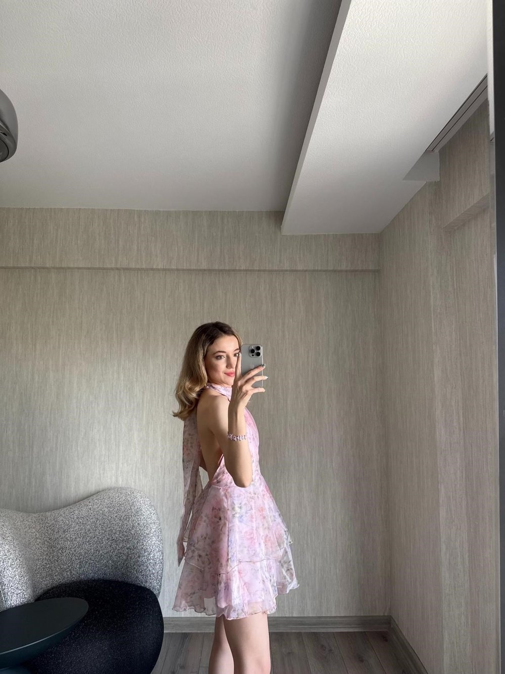 Çiçek Desenli Organze Mini Elbise Pembe