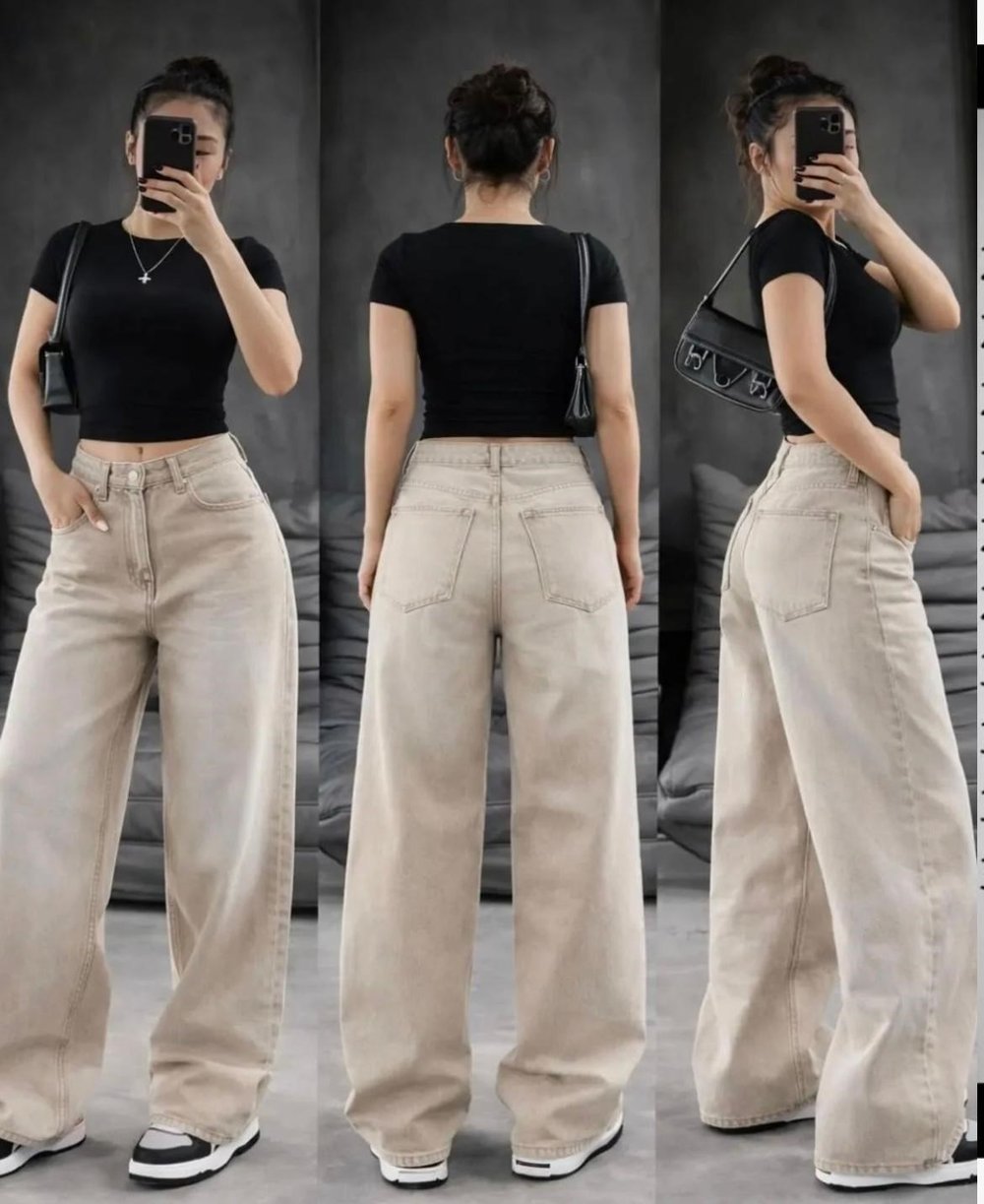 Kadın Bej Retro Baggy Jean Pantolon
