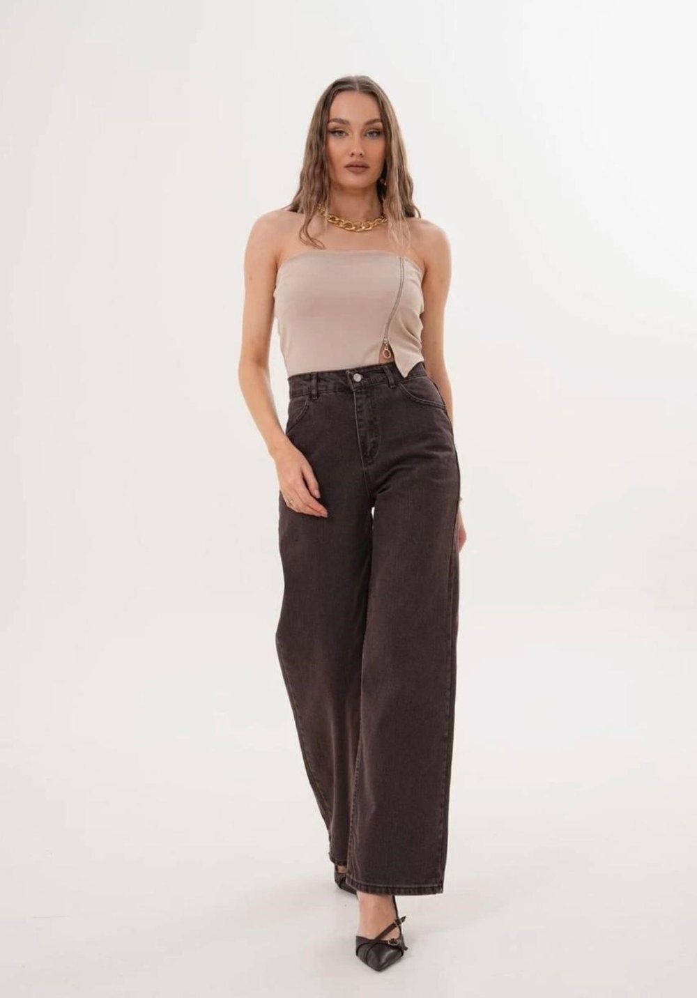 Kahverengi Retro Baggy Jean Pantalon