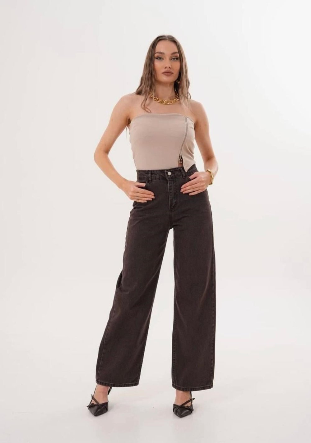 Kahverengi Retro Baggy Jean Pantalon