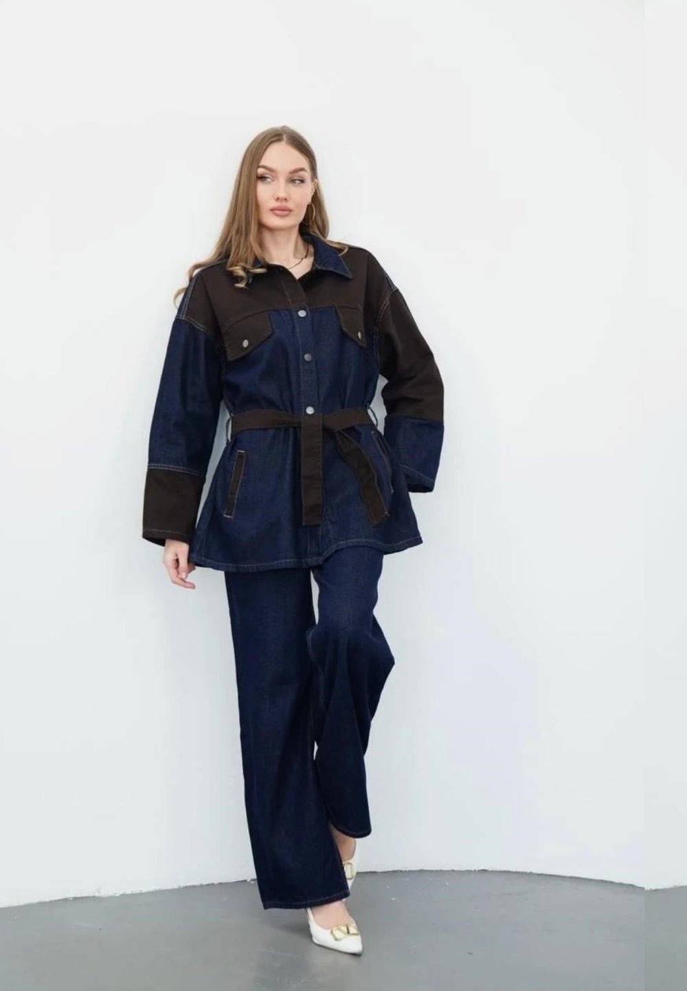 Lacivert Belden Bağlamalı Denim Takım                                                                                                                                                    