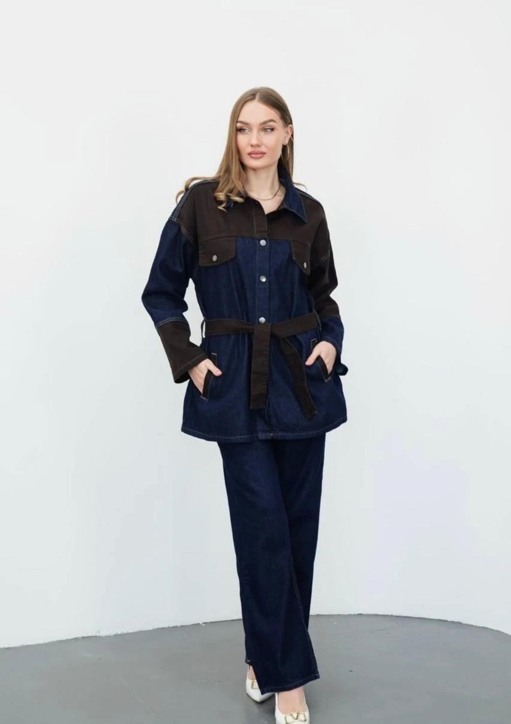 Lacivert Belden Bağlamalı Denim Takım                                                                                                                                                    