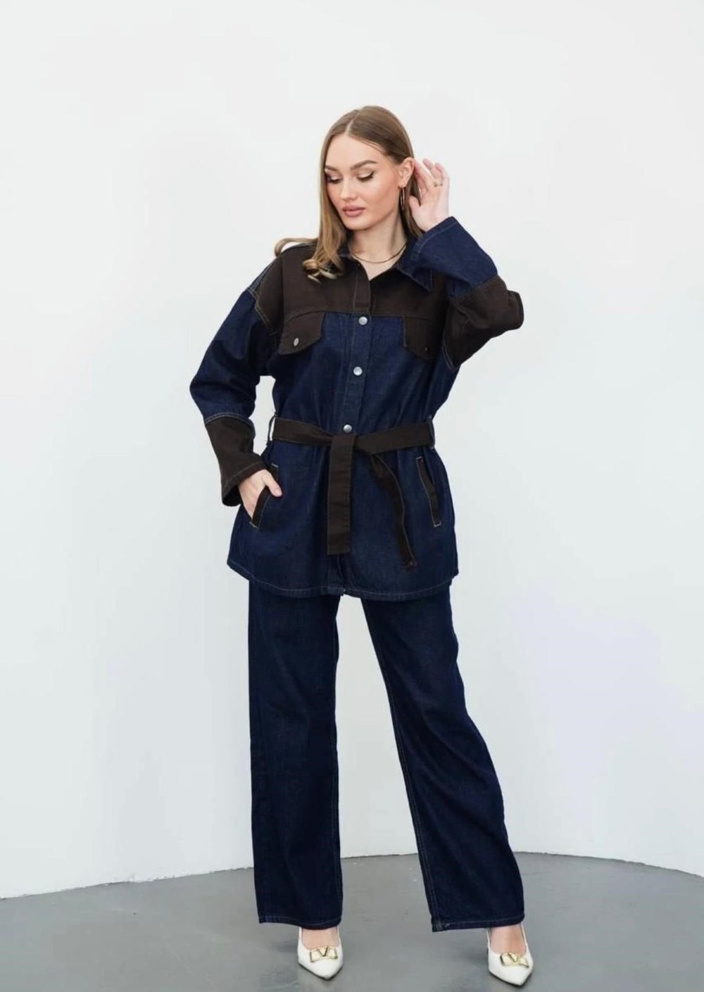 Lacivert Belden Bağlamalı Denim Takım                                                                                                                                                    
