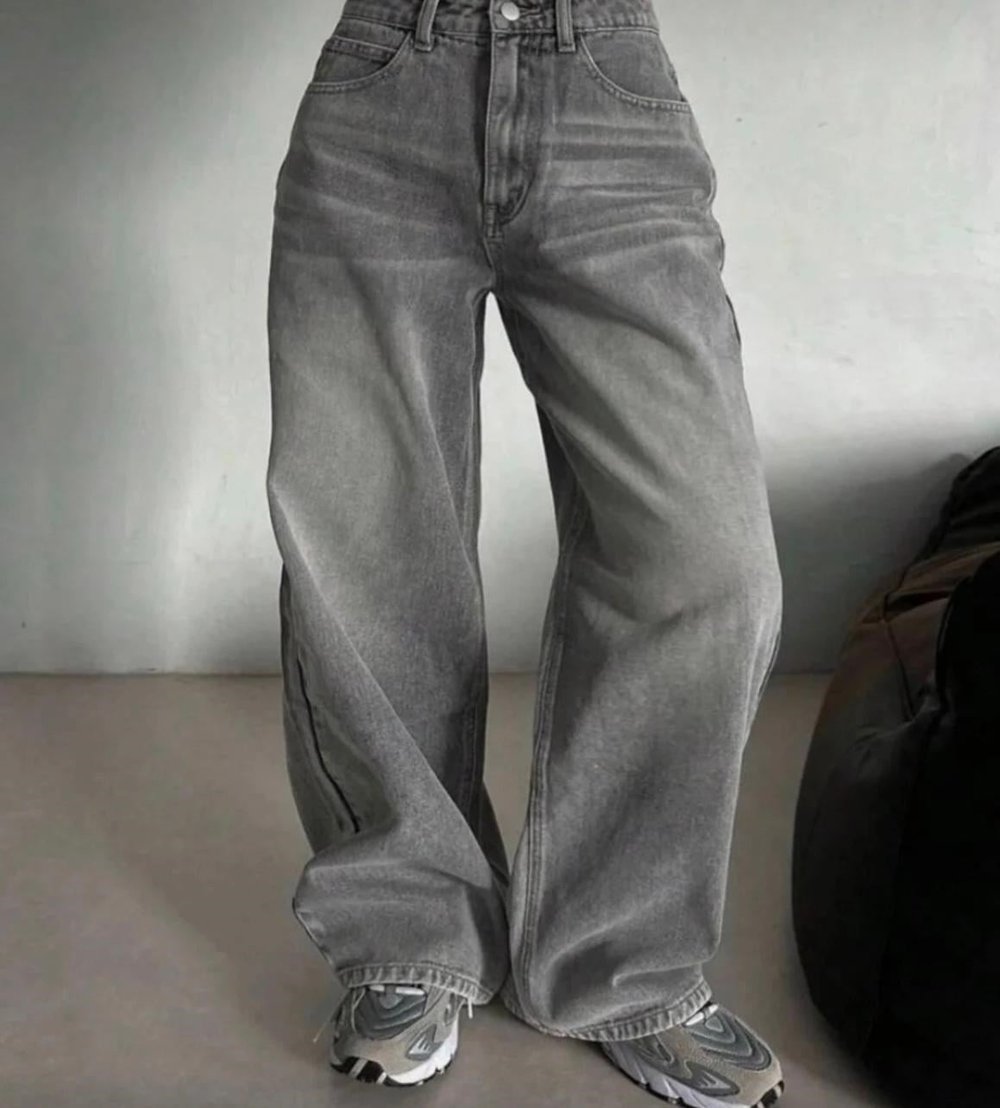 Yıkamalı Gri Retro Baggy Jean Pantolon
