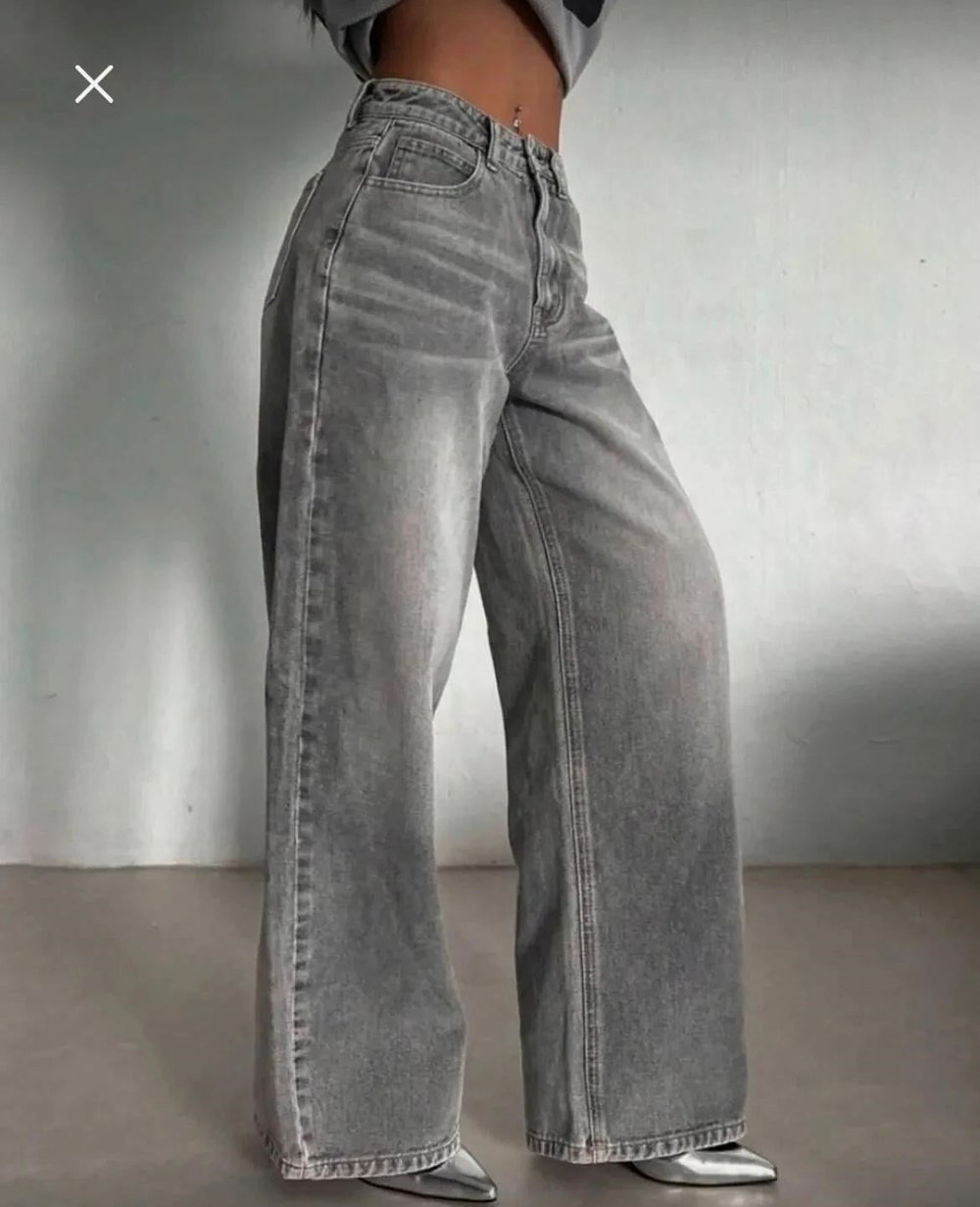 Yıkamalı Gri Retro Baggy Jean Pantolon