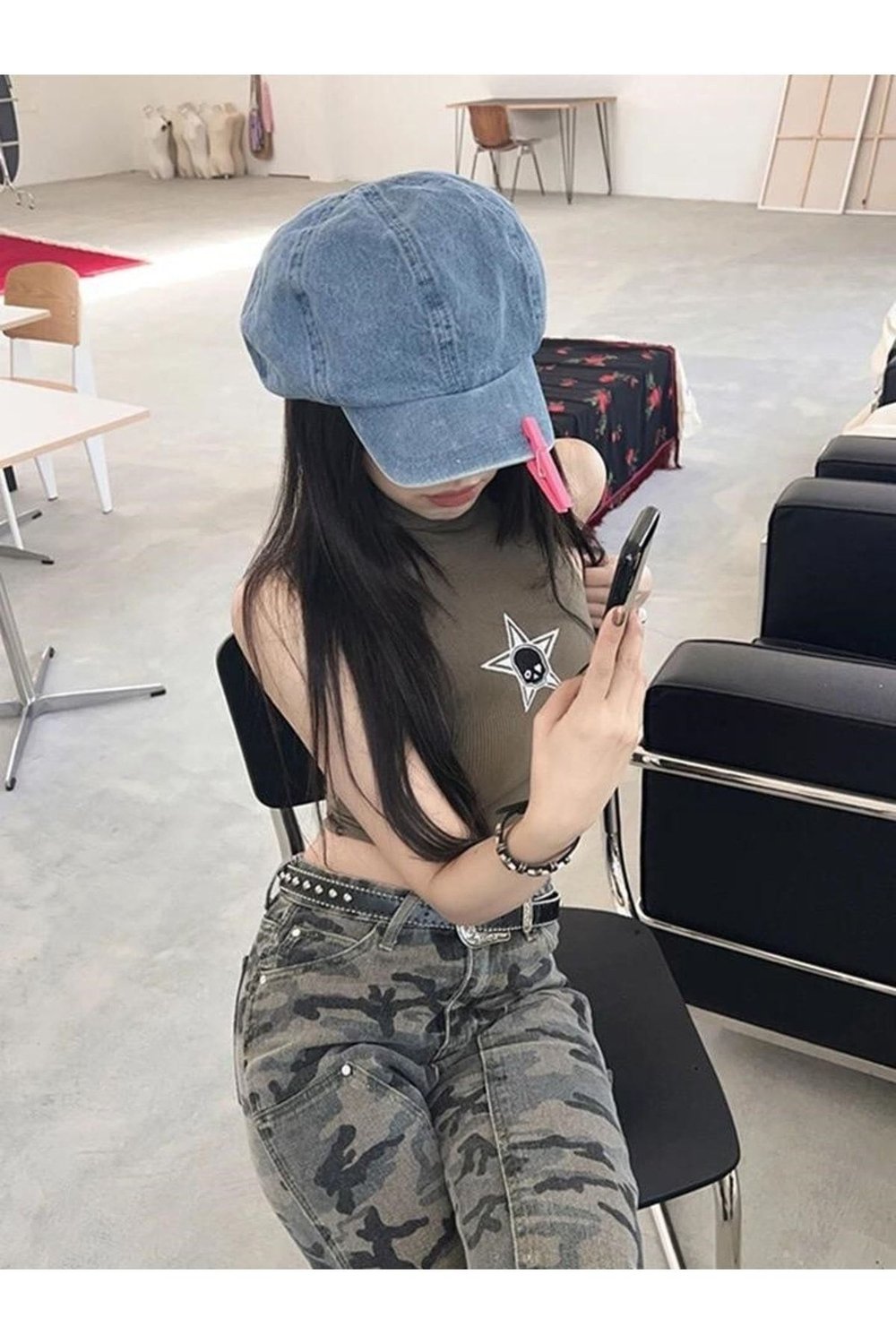 Füme Star Skull Boğazlı Kalın Askılı Kadın T-shirt