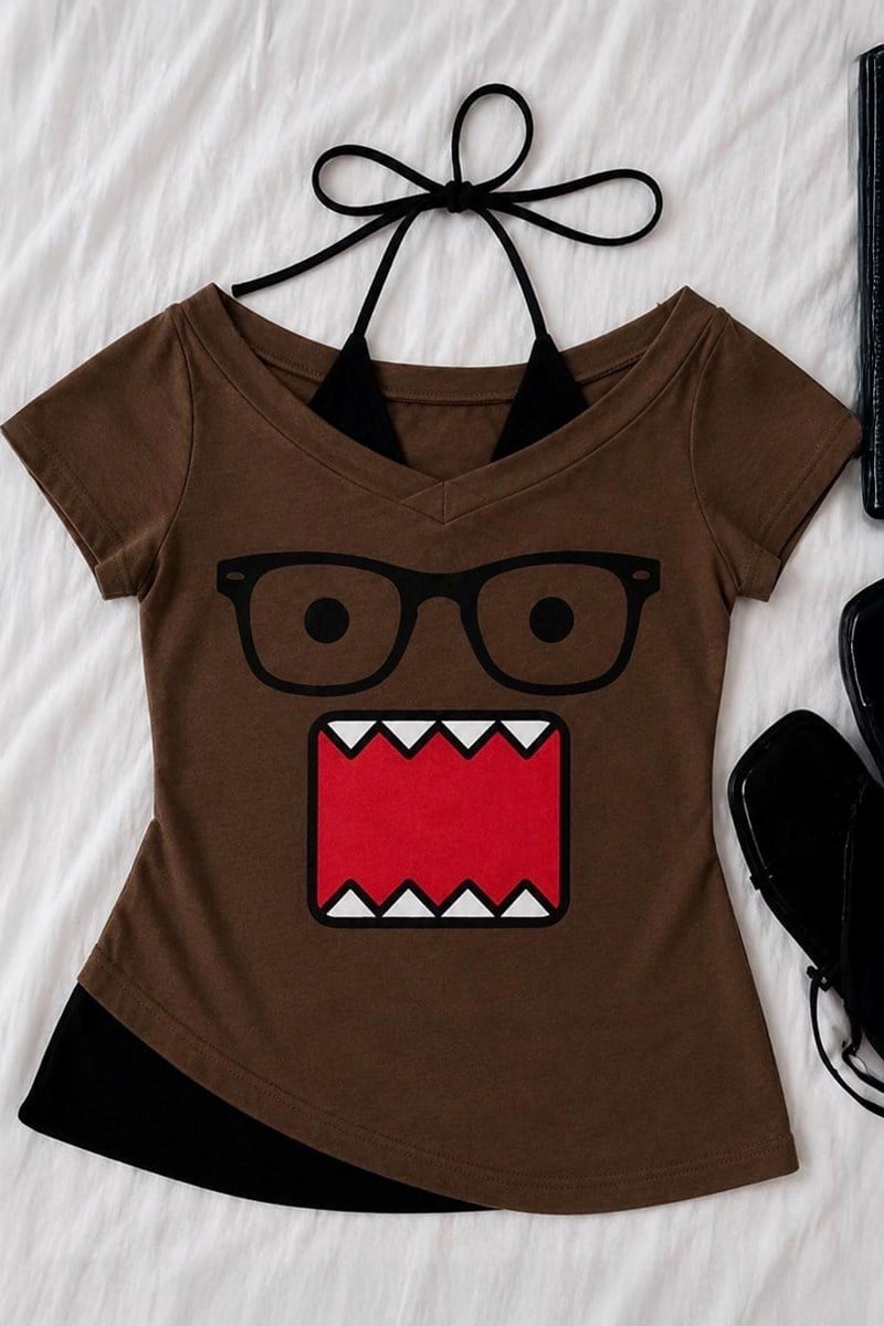 Kahverengi Domo Kun Ek Askılı Y2K Crop