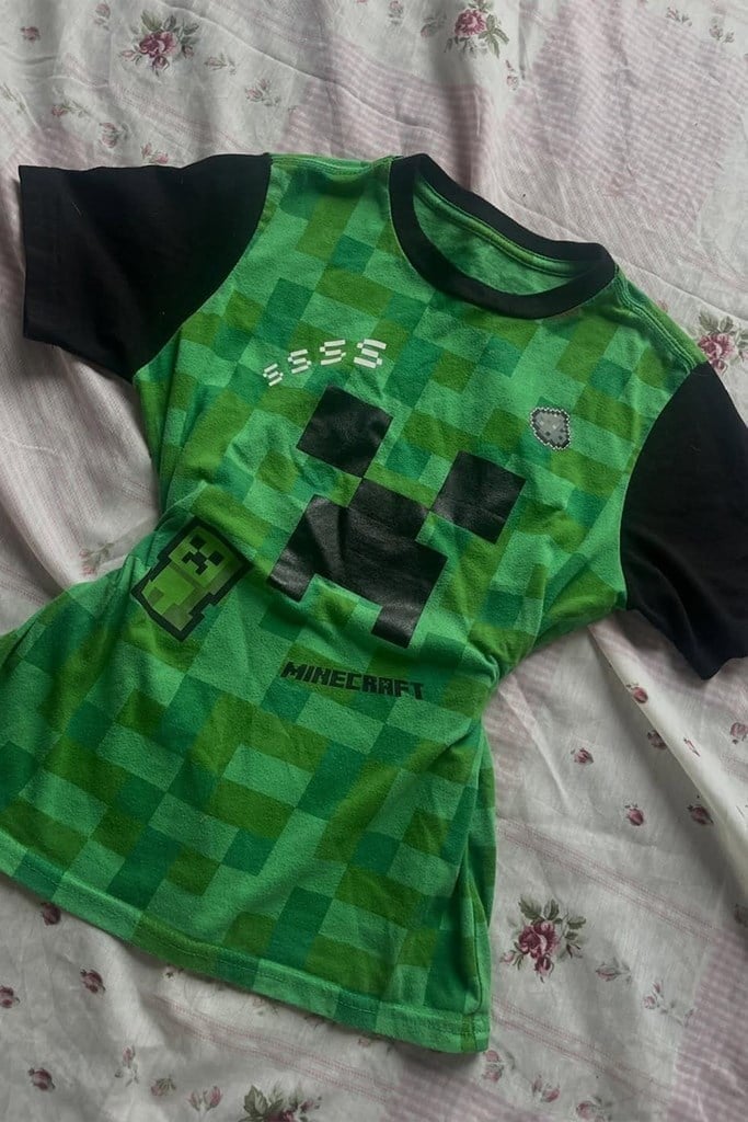 Raglan Minecraft Creeper Y2K Kısa Kollu Crop