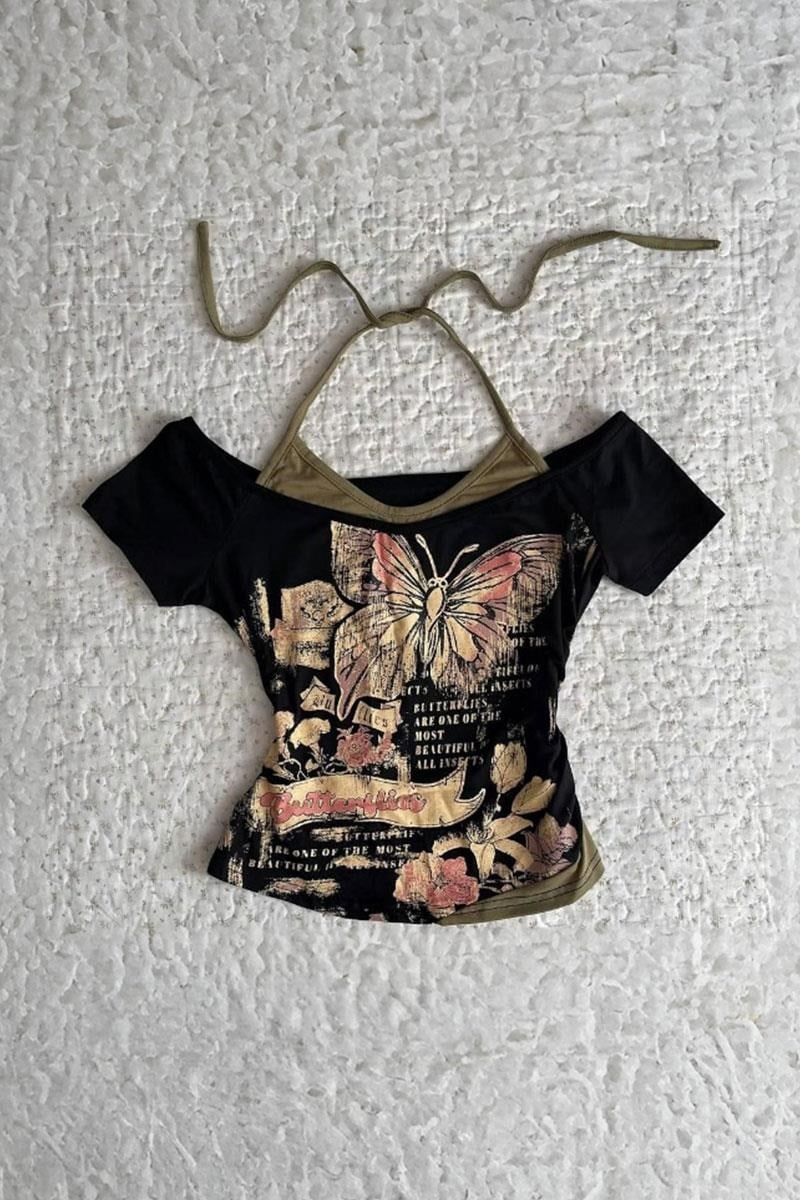 Siyah Butterfly Madonna Yaka Ek Askılı Y2K Full Body Crop
