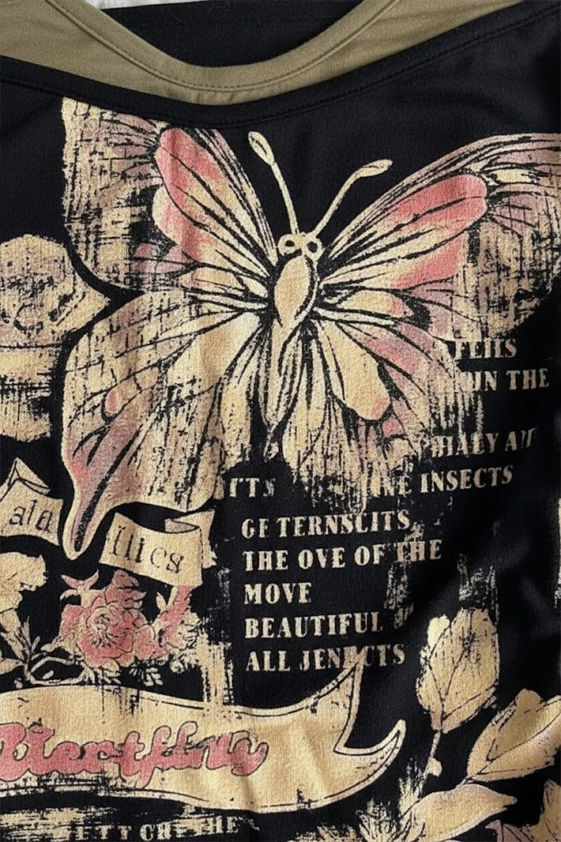 Siyah Butterfly Madonna Yaka Ek Askılı Y2K Full Body Crop