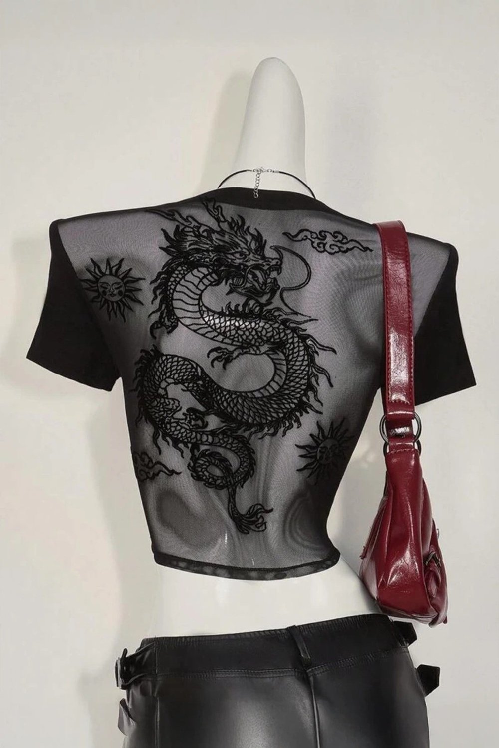 Siyah Transparan Sırt Detay Dragon Y2K Kısa Kollu Crop Body