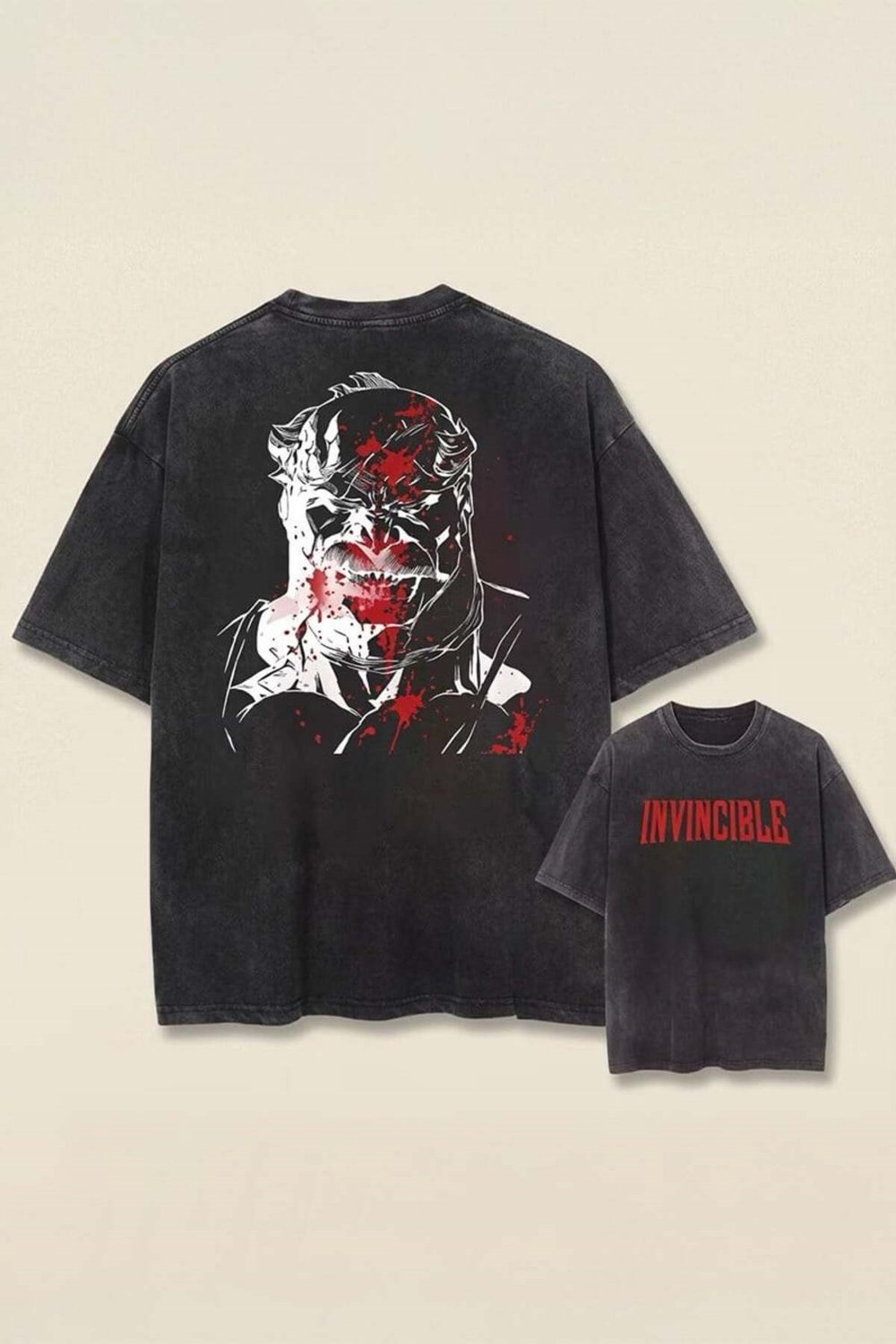 Siyah Yıkamalı Invincible Omni-Man Unisex Kısa Kollu Sırt Baskı T-Shirt