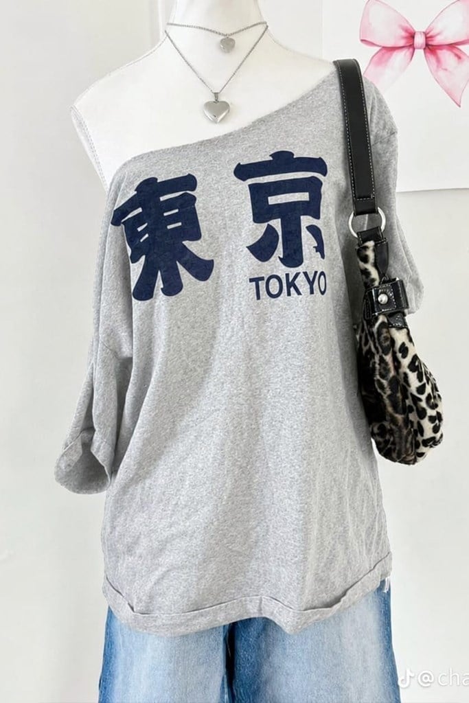 Tokyo Y2K Kısa Kollu Off Shoulder Gri T-Shirt