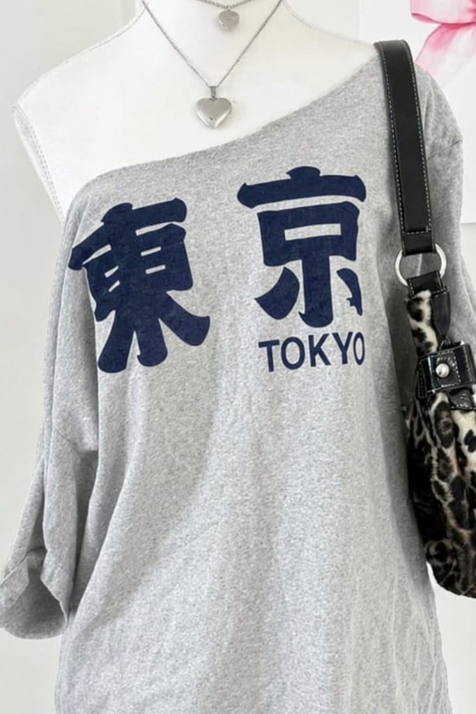 Tokyo Y2K Kısa Kollu Off Shoulder Gri T-Shirt