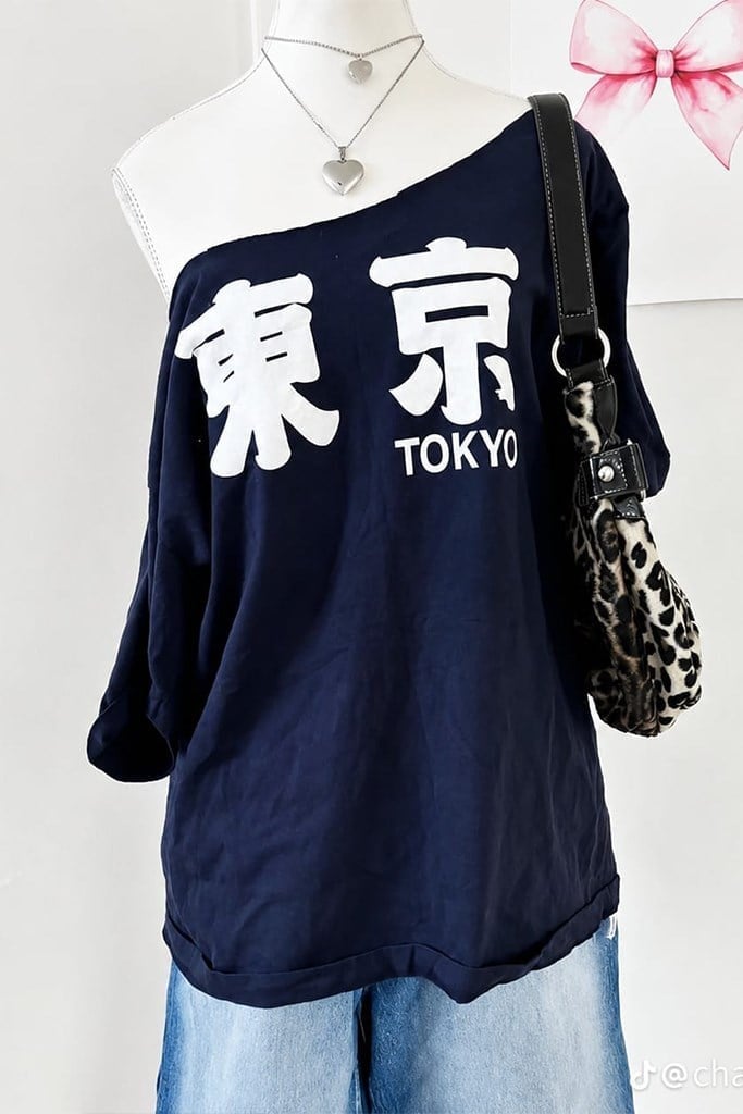 Tokyo Y2K Kısa Kollu Off Shoulder Lacivert T-Shirt