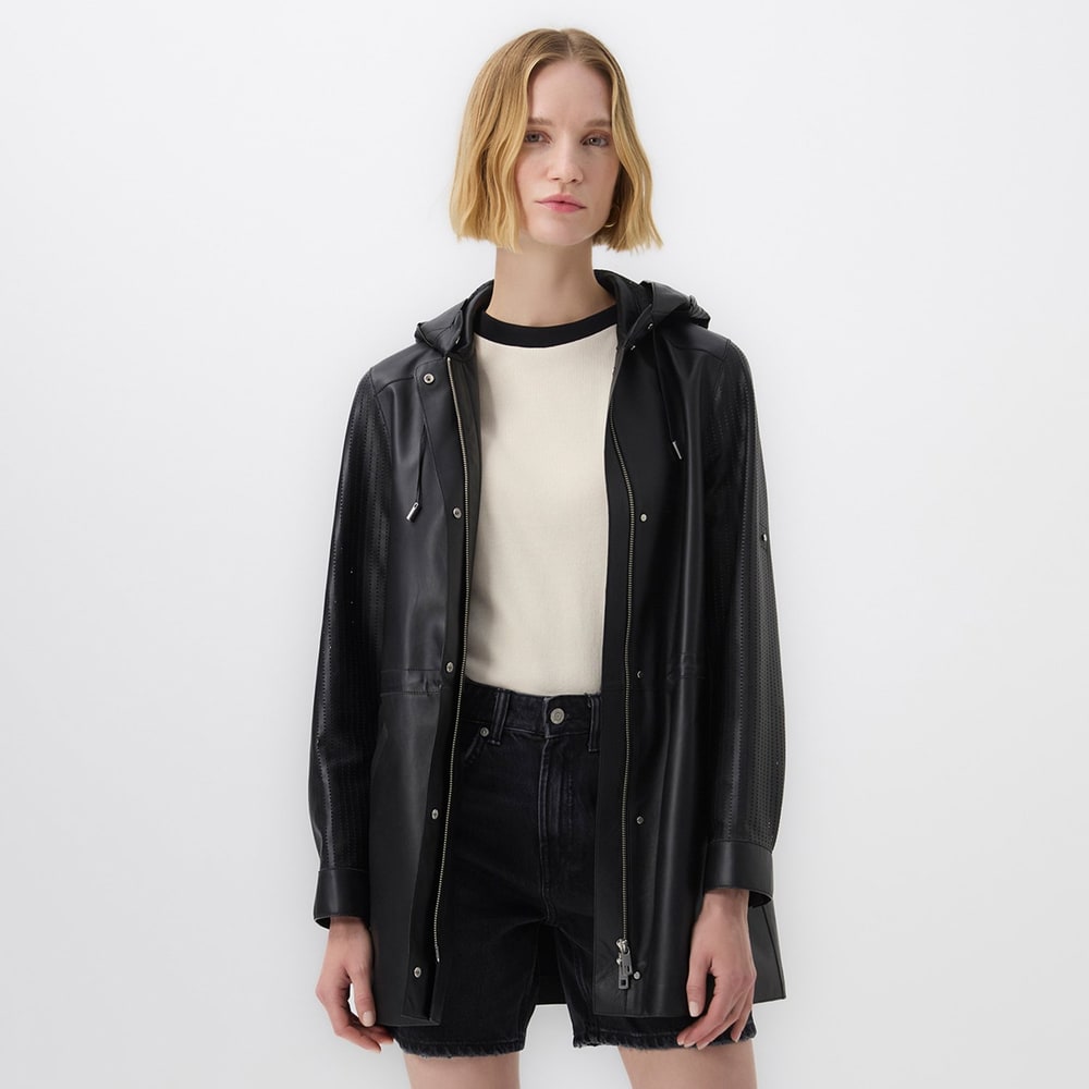 Aldabella Siyah Kadın Perforeli Deri Pardösü