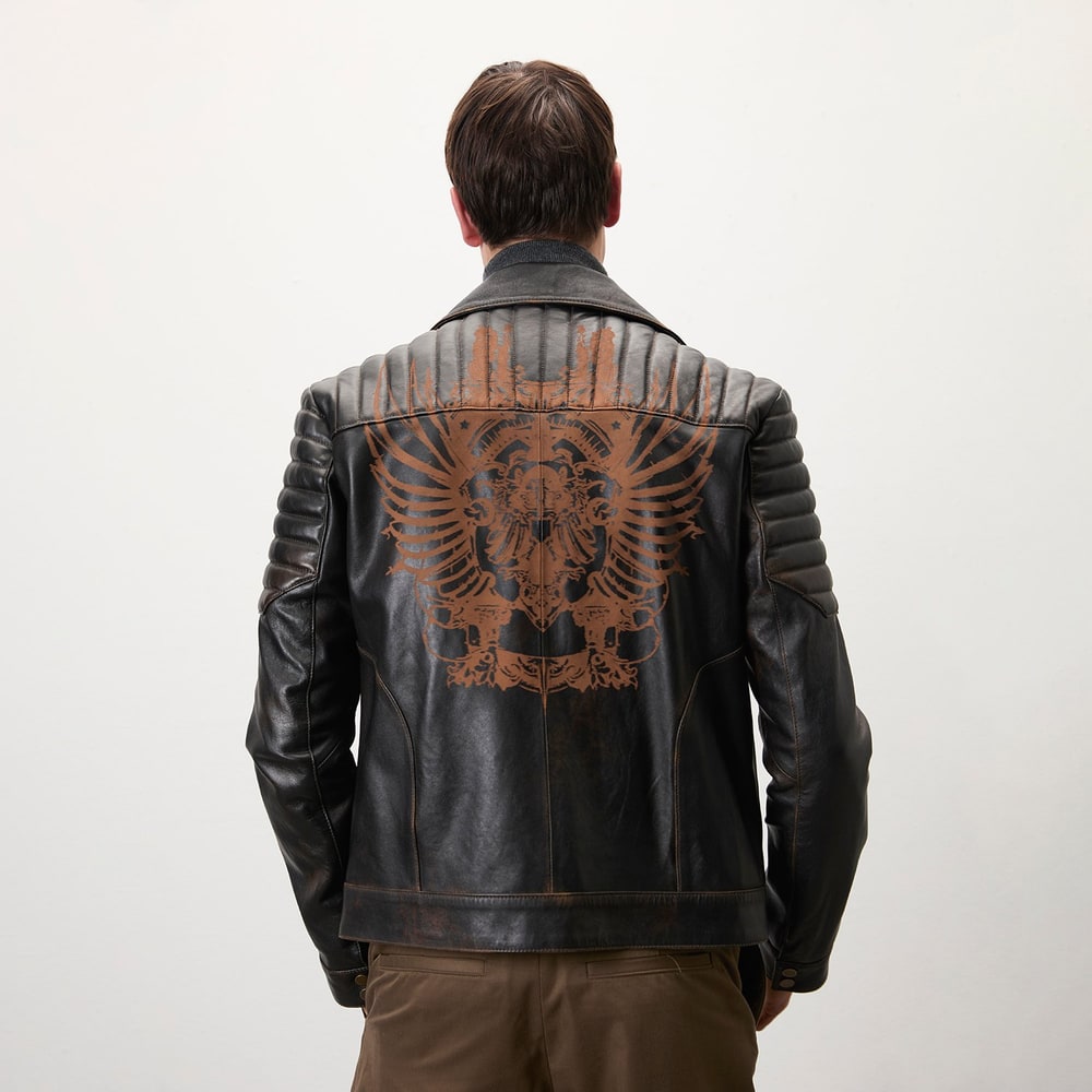 Bill Kahve Erkek Kartallı Vintage Biker Deri Mont