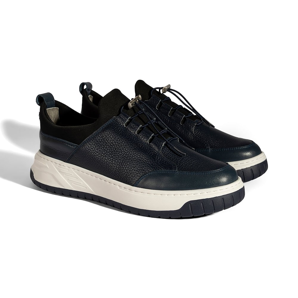 Erkek Lacivert Lastik Bağcıklı Deri Sneaker