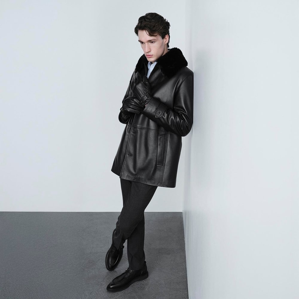 Erkek Siyah Gömlek Yakalı Deri Kaban