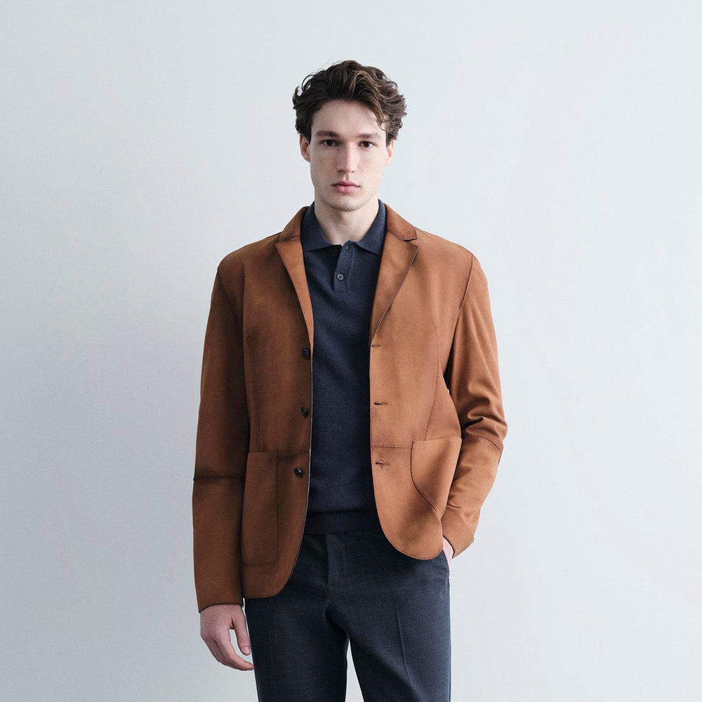 Erkek Taba Yakalı Süet Deri Blazer Ceket