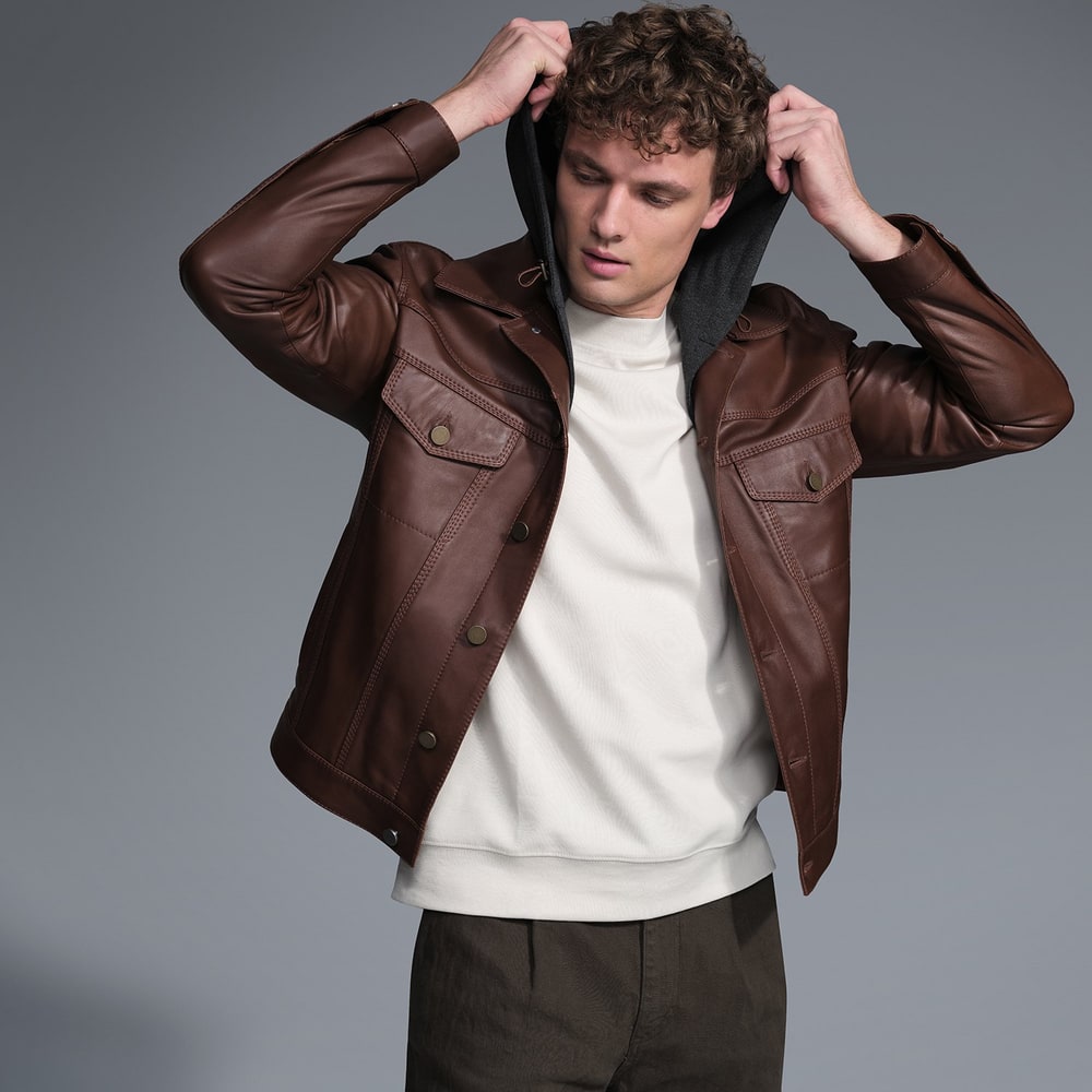 Giosue Kahve Erkek Kapüşonlu Deri Ceket