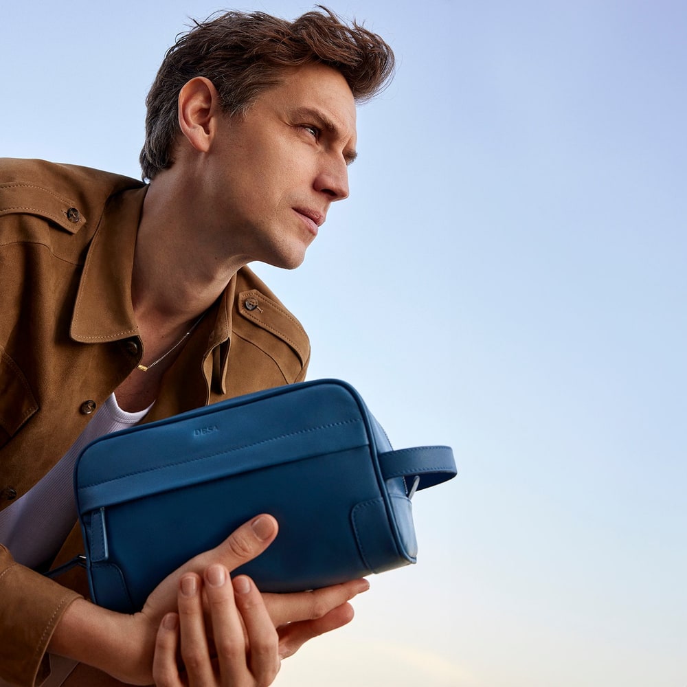 Jonatan Mavi Erkek Deri Kozmetik El Çantası