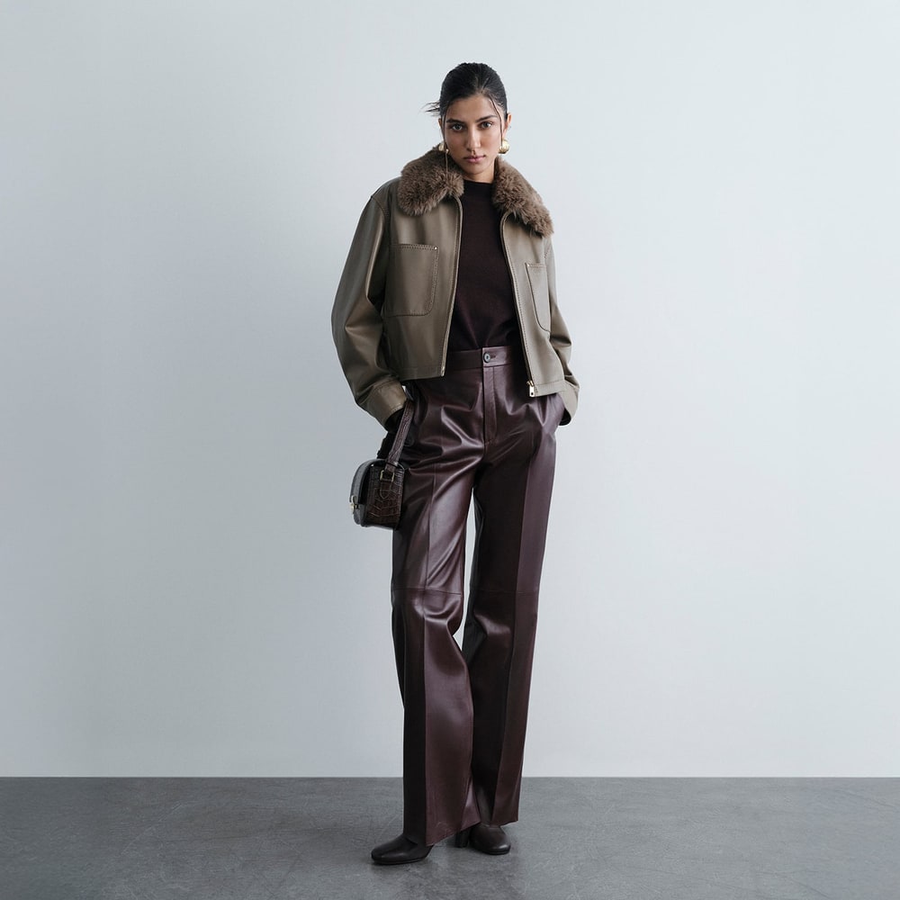 K15072 KADIN YAKASI KÜRKLÜ DERİ CEKET