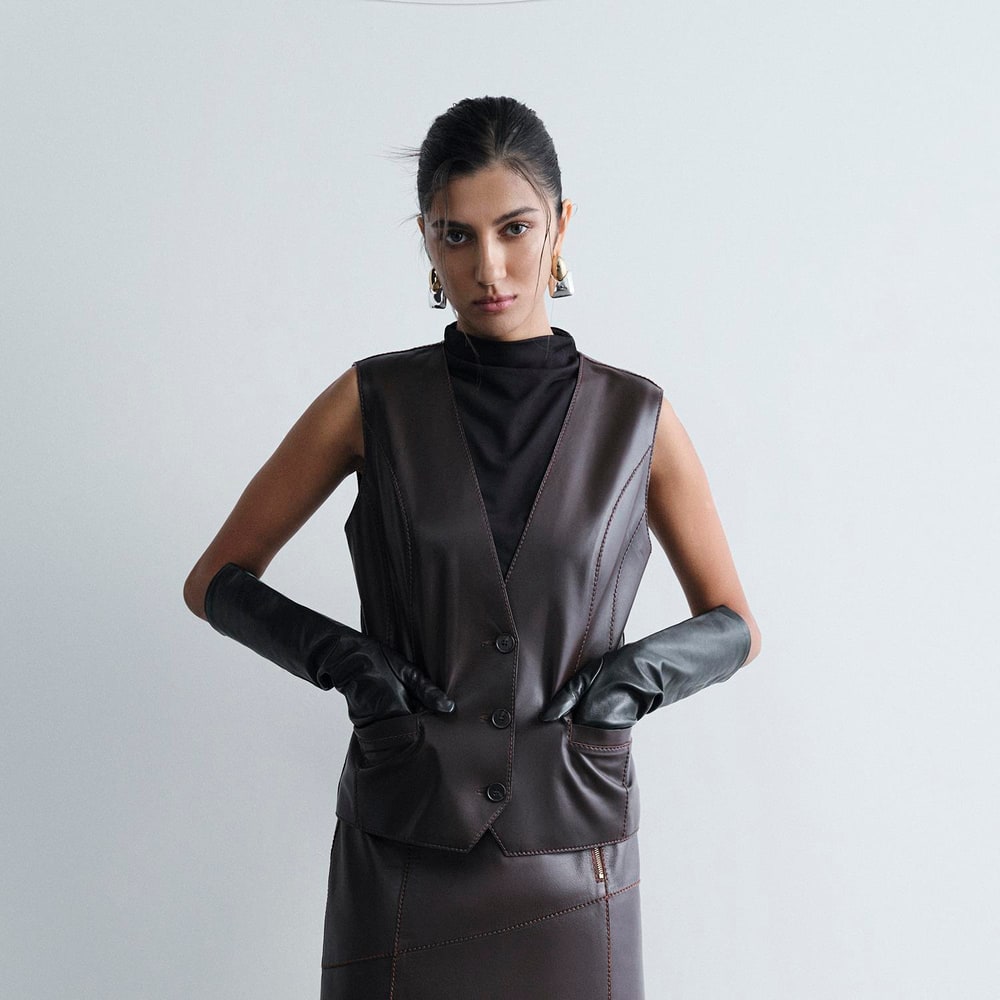 Kadın Acı Kahve Uzun Deri Eldiven