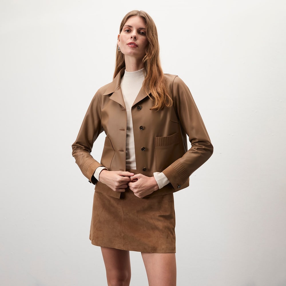 Kadın Açık Kahve Kısa Gömlek Yaka Deri Ceket