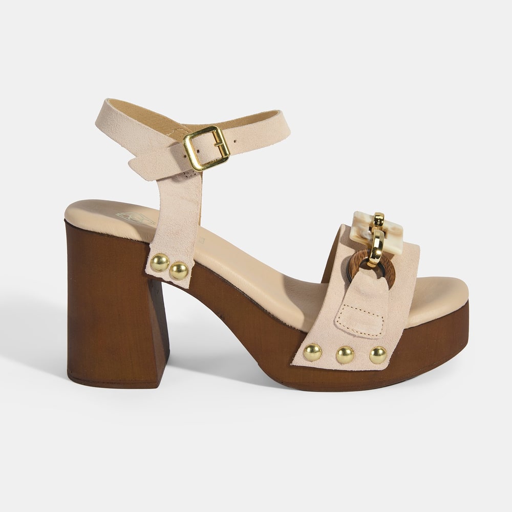 Kadın Bej Aksesuar Detaylı Ayarlanabilir Tokalı Süet Topuklu Sandalet