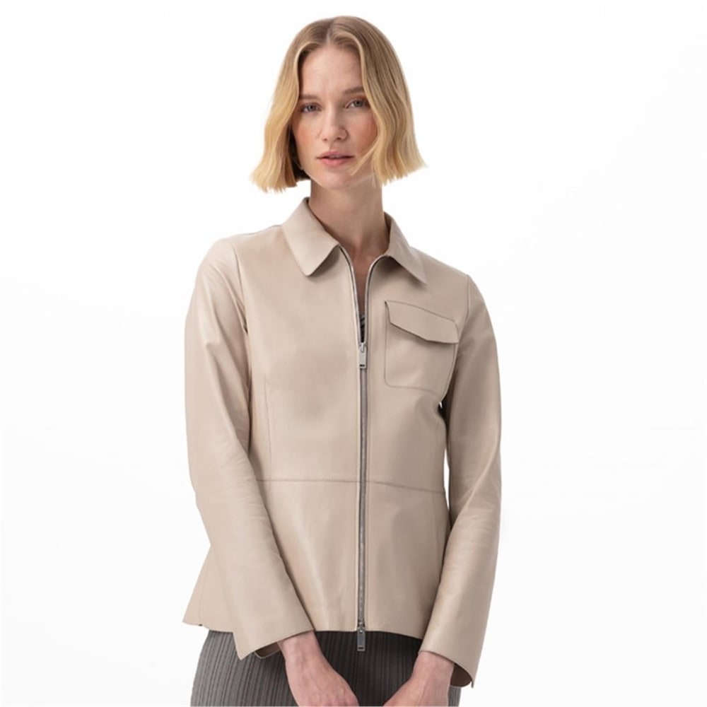 Kadın Bej Gömlek Yakalı Deri Ceket