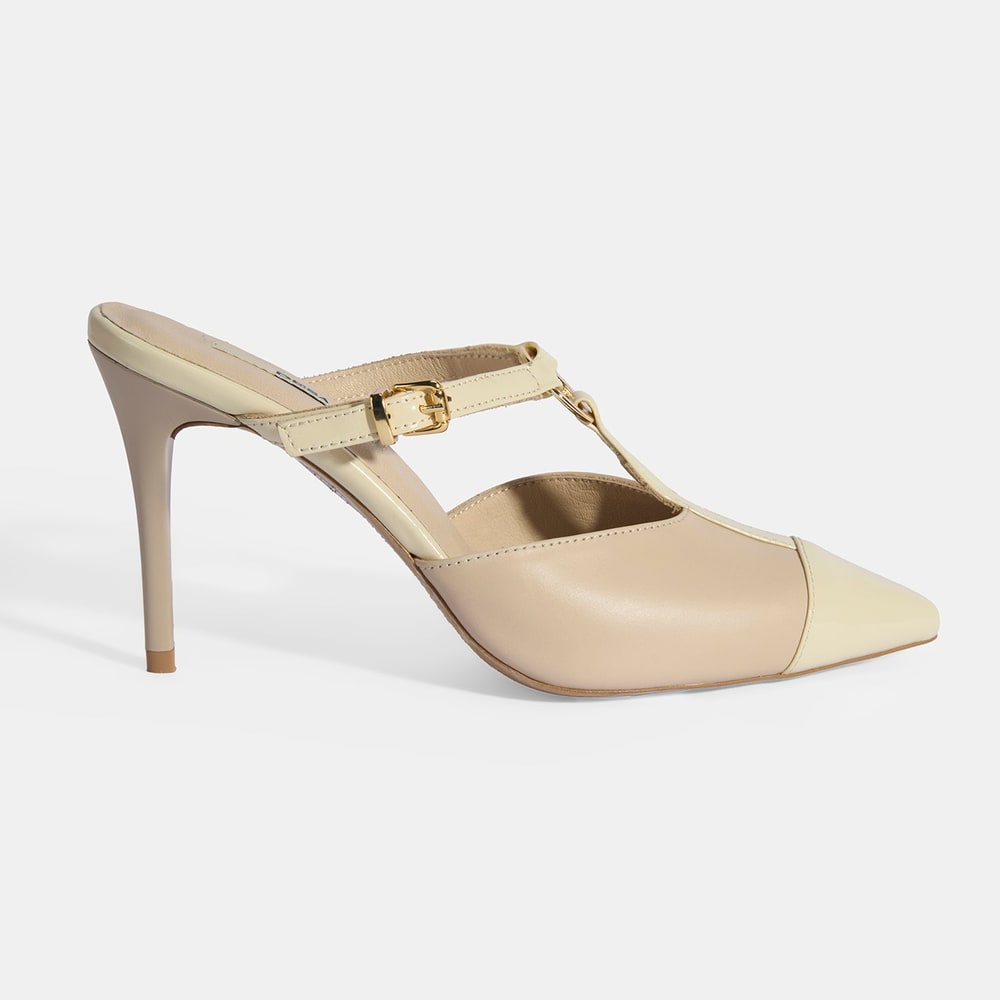 Kadın Bej Halka Aksesuarlı Deri Abiye Topuklu Terlik