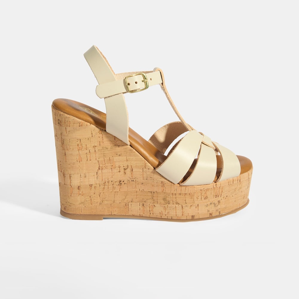 Kadın Beyaz Toka Aksesuarlı T-Bant Deri Dolgu Topuklu Sandalet