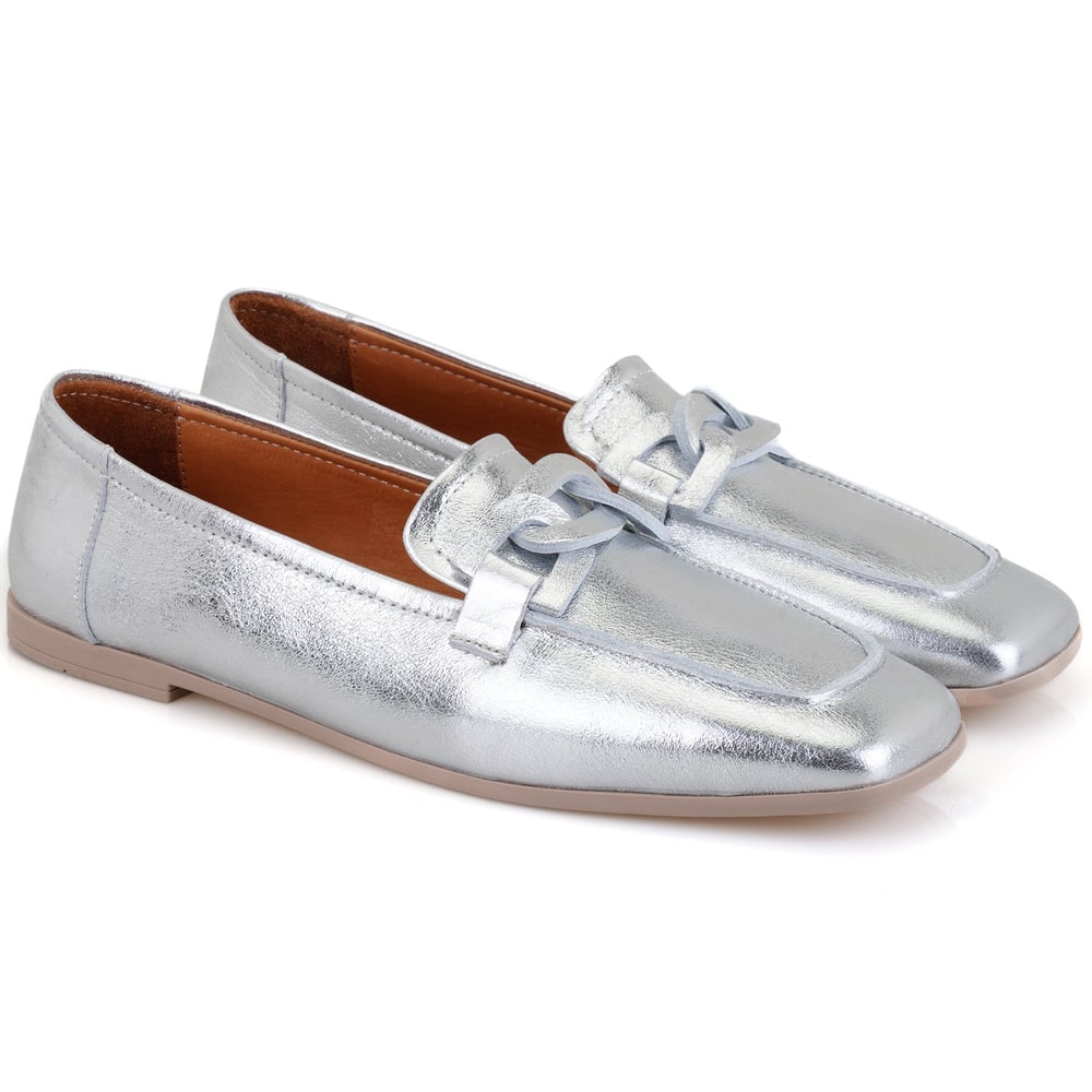 Kadın Gümüş Deri Loafer
