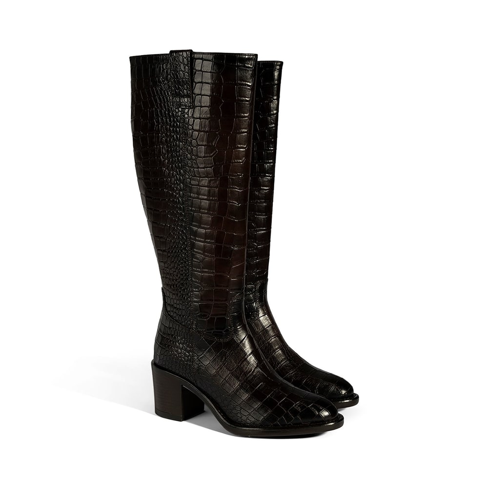 Kadın Kahve Kroko Baskılı Kalın Topuklu Deri Çizme