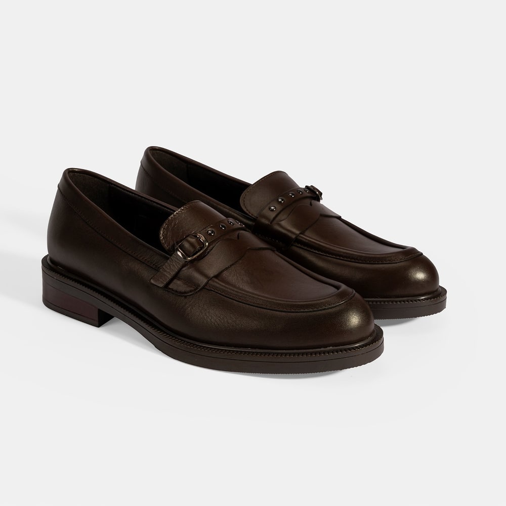 Kadın Kahve Metal Toka Detaylı Deri Loafer