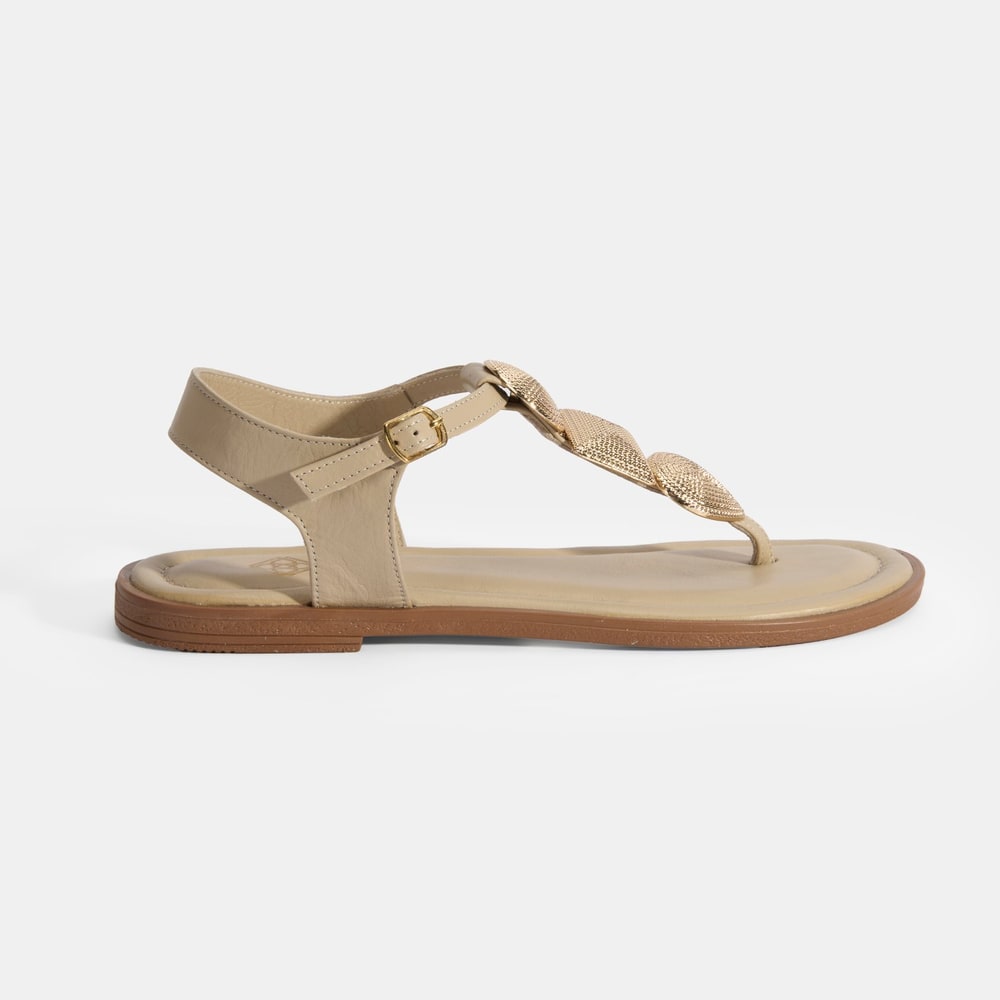 Kadın Krem Ayarlanabilir Tokalı Deri Sandalet