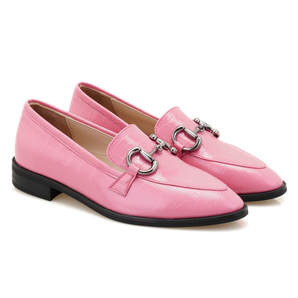 Kadın Pembe Kroko Baskılı Deri Loafer