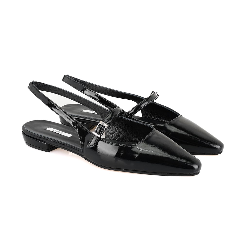 Kadın Siyah Ayarlanabilir Tokalı Deri Babet