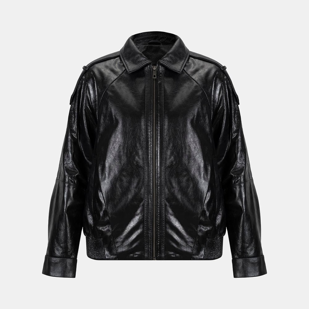 Kadın Siyah Gömlek Yakalı Deri Bomber Ceket