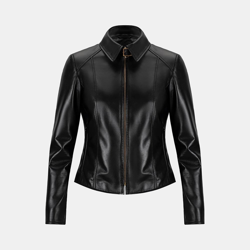 Kadın Siyah Gömlek Yakalı Fit Deri Ceket