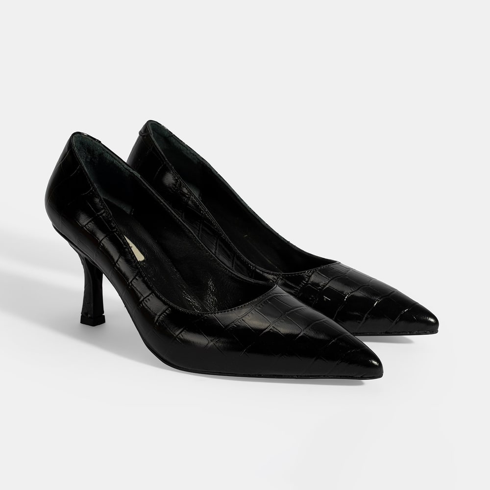 Kadın Siyah Kroko Baskılı Deri Stiletto